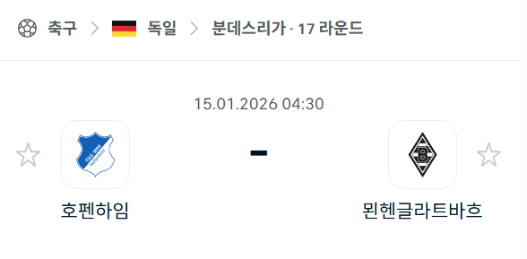 [독일 분데스리가] 01월15일 호펜하임 vs 묀헨글라트바흐 | 스포츠 분석 무료 중계 토친놈