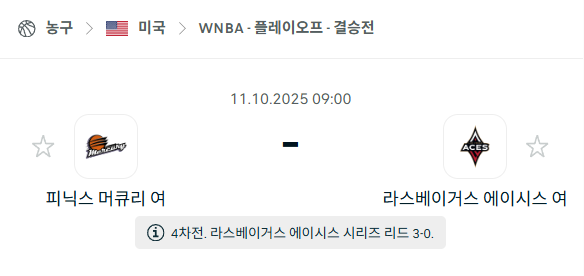 [미국 WNBA] 2025년10월11일 피닉스 머큐리 vs 라스베이거스 에이시스 분석 중계
