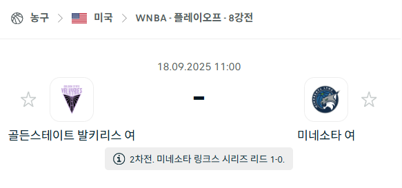 [미국 WNBA] 2025년9월18일 골든스테이트 발키리 vs 미네소타 링스 분석 중계
