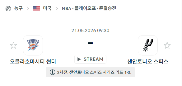 [미국 NBA] 5월21일 오클라호마시티 썬더 vs 샌안토니오 스퍼스 | 스포츠 분석 무료 중계 토친놈