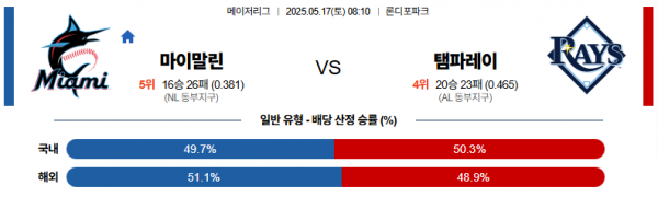 5월 17일 MLB 마이말린 vs 탬파레이
