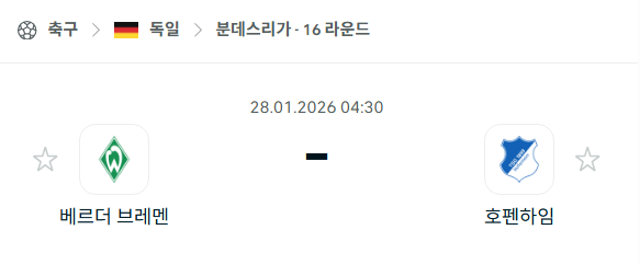 [독일 분데스리가] 01월28일 베르더 브레멘 vs 호펜하임 | 스포츠 분석 무료 중계 토친놈