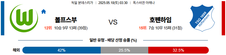 05월 10일 03:30 분데스리가 VfL 볼프스부르크 TSG 1899 호펜하임