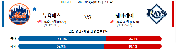 06월 14일 08:10 MLB 뉴욕메츠 vs 탬파베이