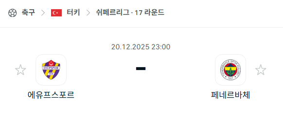 [터키 쉬페르리그] 2025년12월20일 에유프스포르 vs 페네르바체 | 스포츠 분석 무료 중계 토친놈
