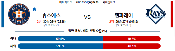 05월 31일 09:10 MLB 휴스턴 vs 탬파베이